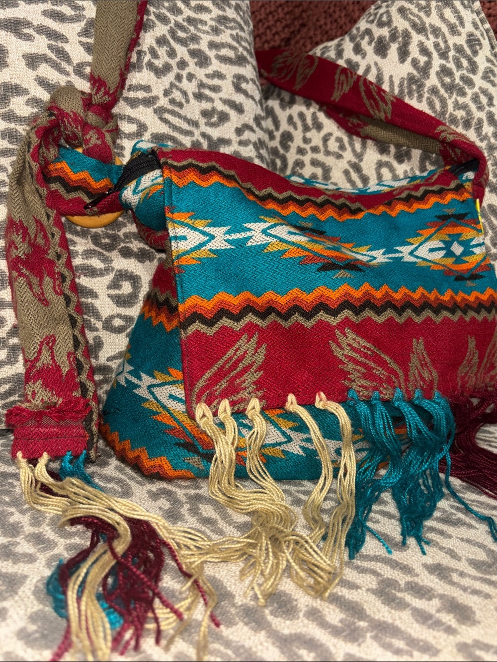 Rukuray crossbody bag fringe hippie style fabric messenger style boho casual bag